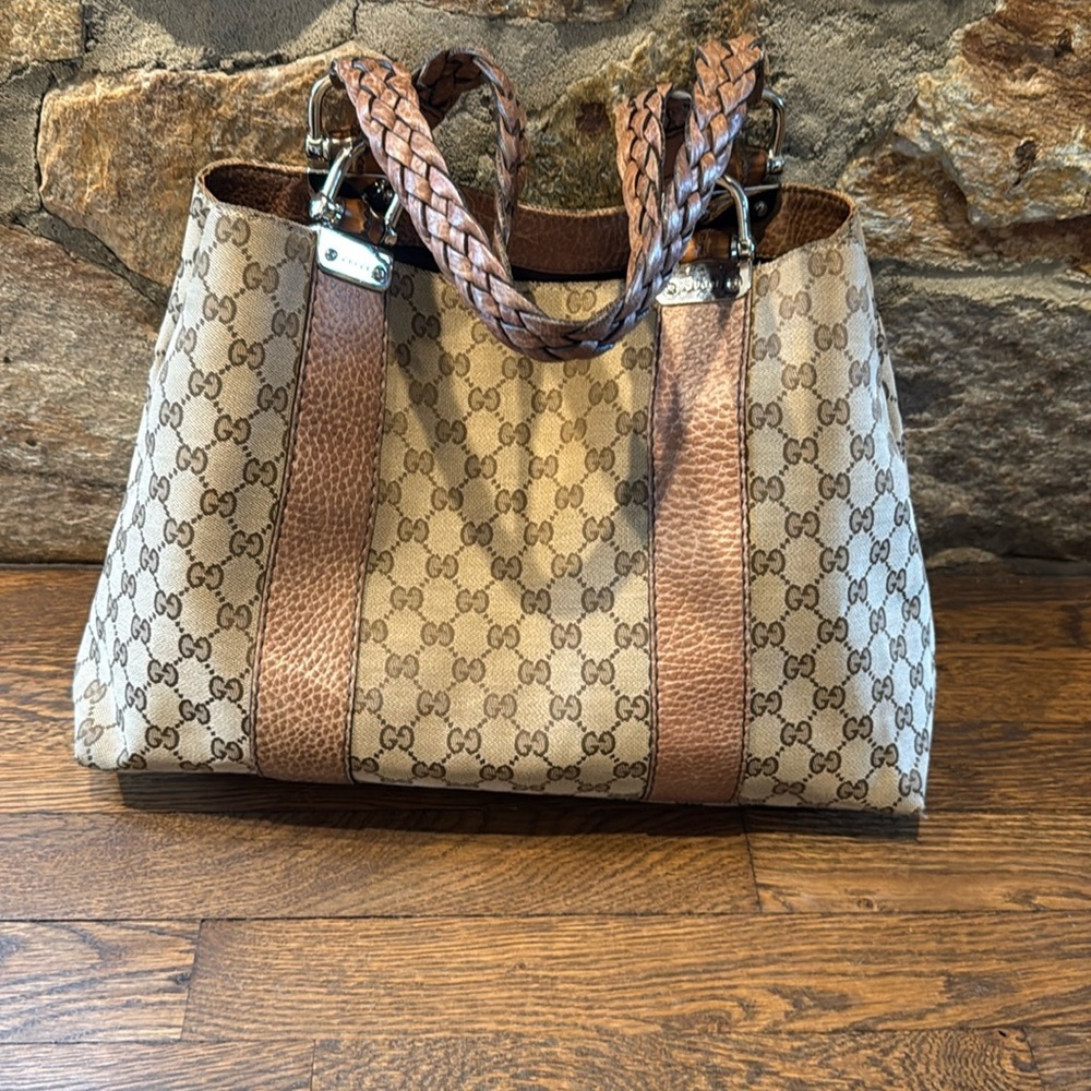 Authentic Gucci Hand Bag Bamboo Brown Canvas GUC - Picture 11 of 16